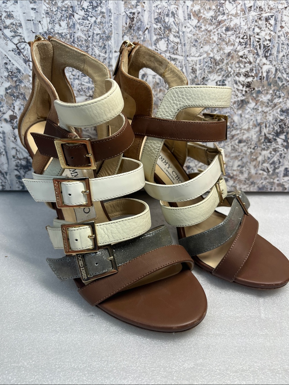 Jimmy Choo Bubble Gladiator Sandals Stacked Buckles Zipper Back